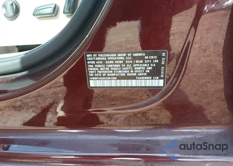 2012 Volkswagen Passat 2.5L Se из США, поврежденный, VIN 1VWBP7A32CC091388